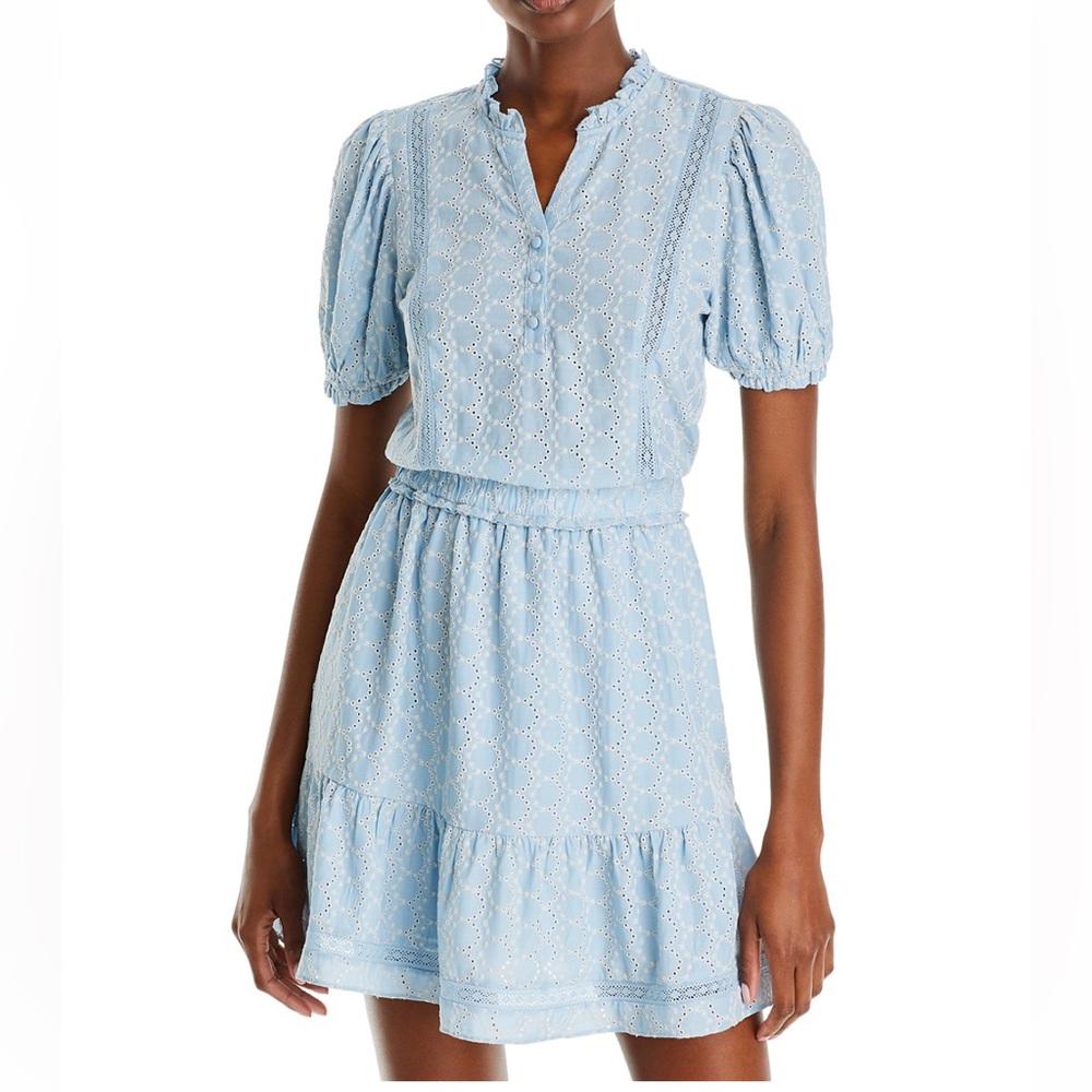 Aqua Blue eyelet Square Neck Puff Sleeve Mini Sundress new